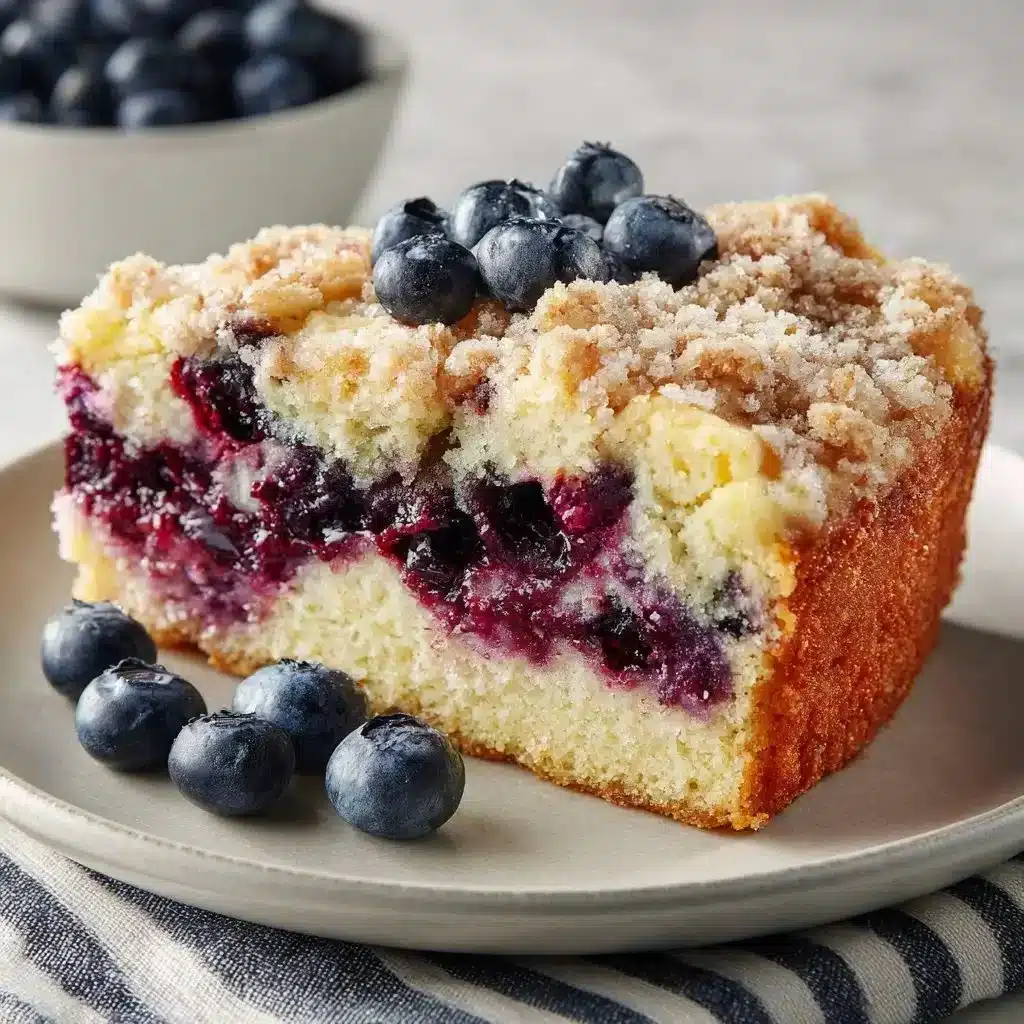 Sourdough blueberry buckle topped with crumbly streusel and fresh blueberries