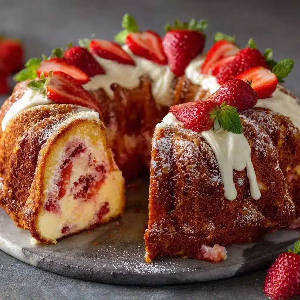 Ultimate Strawberry Cream Cheese Pound Cake 1 Sliced ultimate strawberry cream cheese pound cake on a serving plate